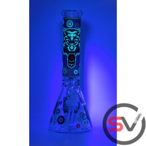 GEARED WEREWOLF GLASS BEAKER WATER PIPE 14inch (GLOW IN DARK)